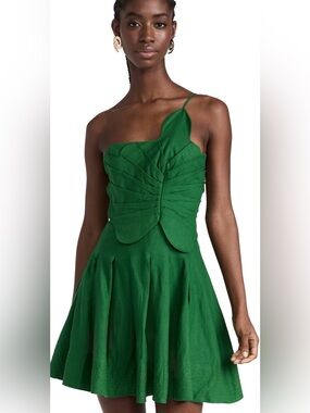 FARM Rio Green Lea One-Shoulder Pleated Linen-blend Mini Dress leaf bodice | S